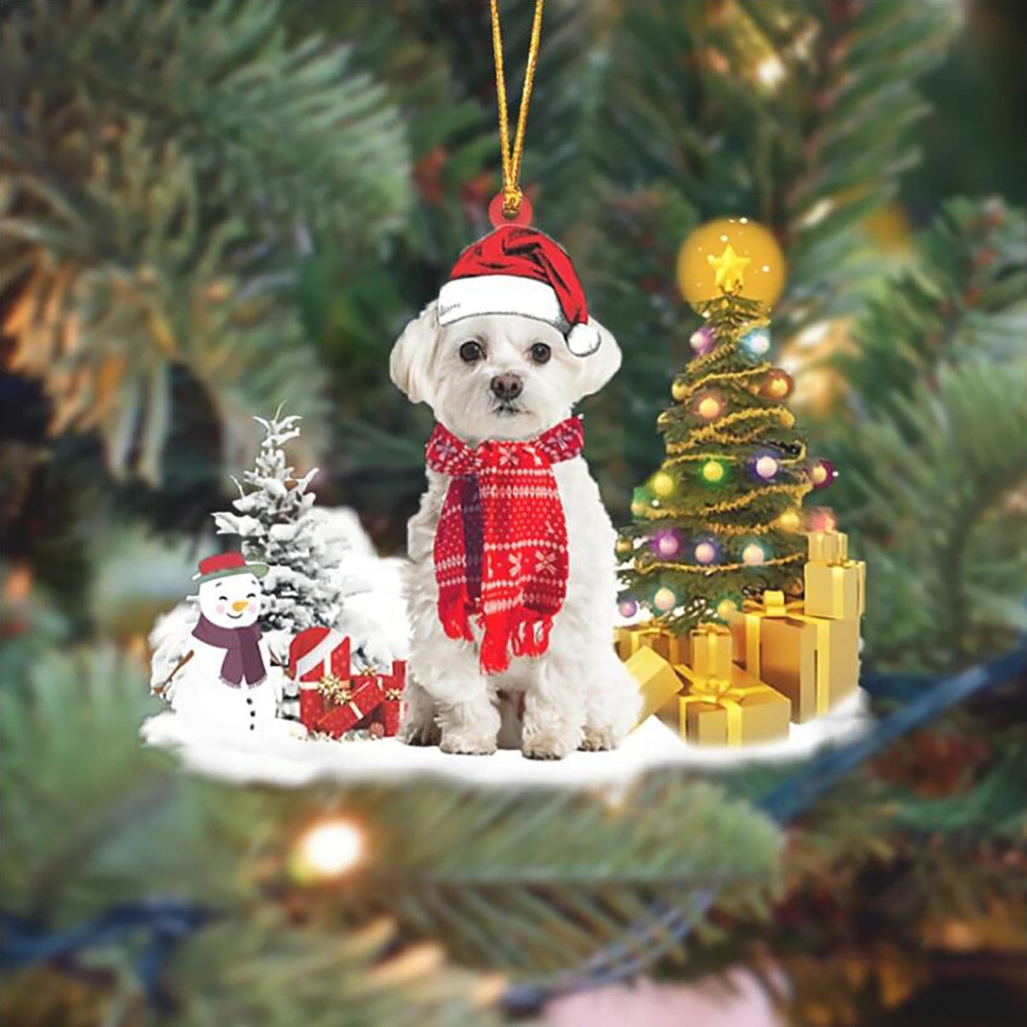 Puppy Christmas tree decoration with lights and gifts in white and red.