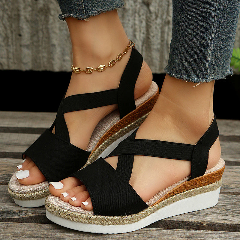 women cross-strap platform gladiator hemp heel shoes