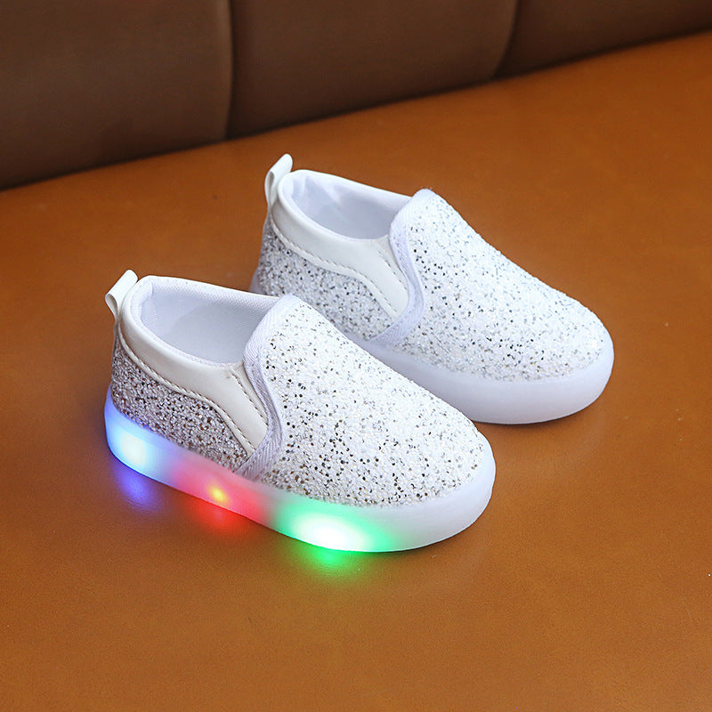 Kids LED sneakers with sequin design and light-up soles, suitable for toddlers, available in multiple colors.