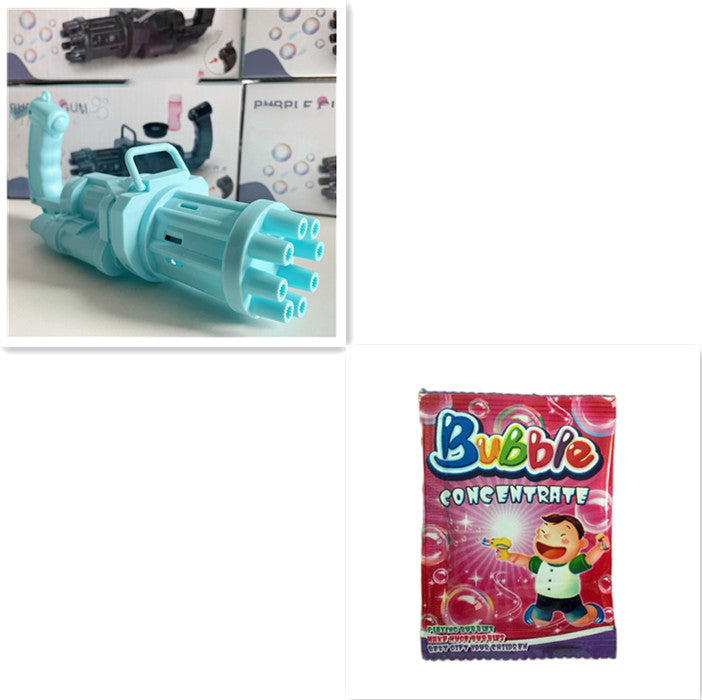 Kids toy bubble gun and bubble concentrate set in colorful packaging.