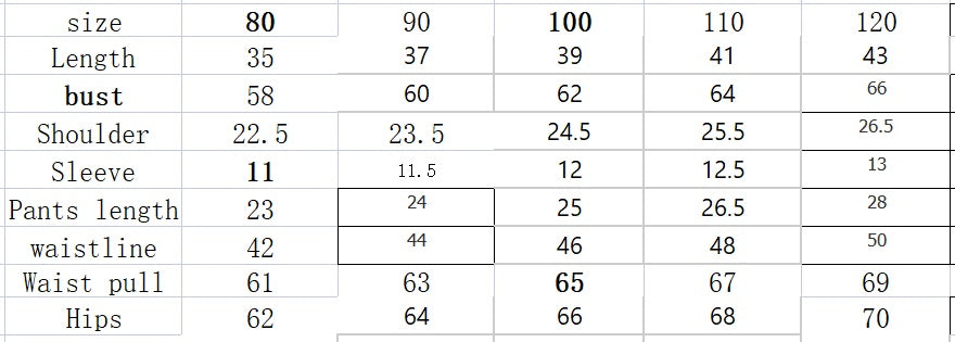Children's summer clothing size chart with measurements for shorts and T-shirt set.