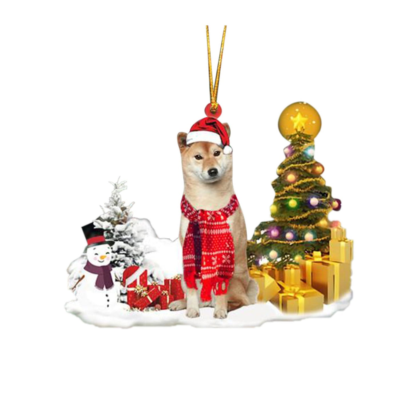 Christmas puppy decoration with trees, lights, and gifts.