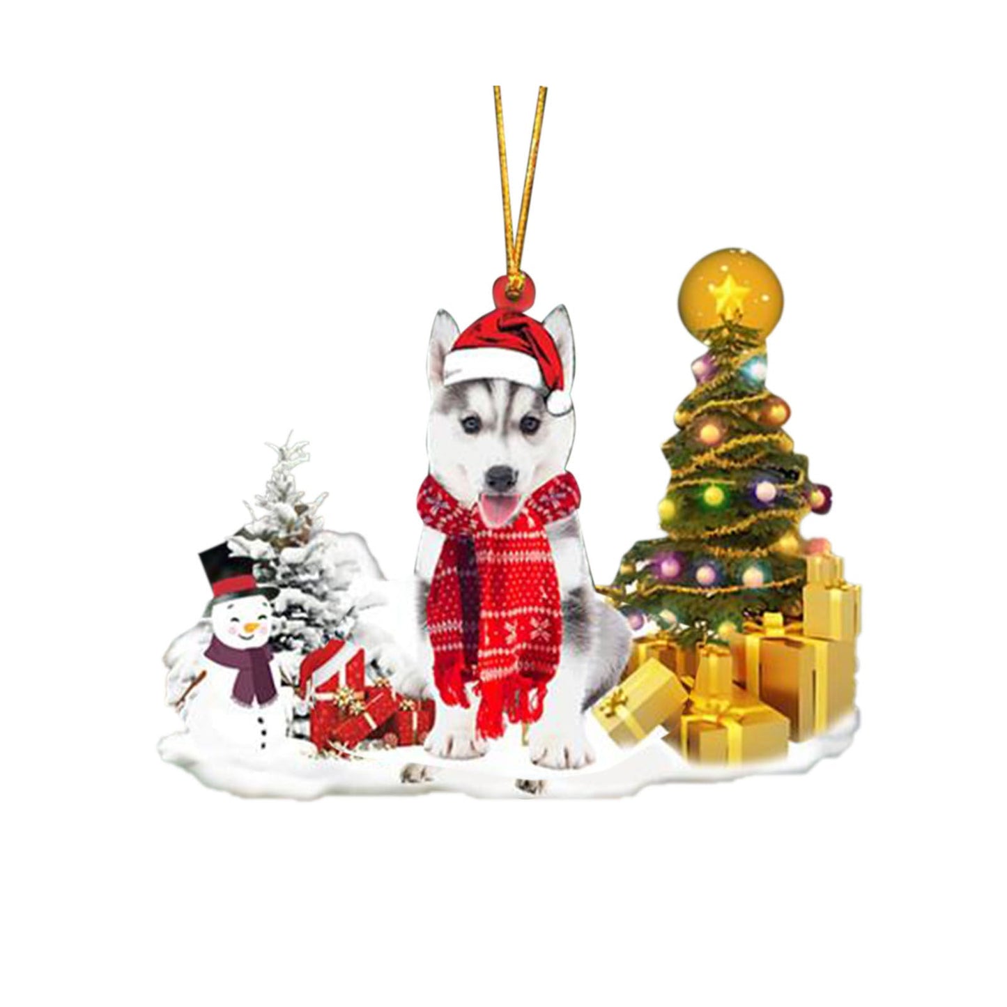 Christmas puppy decoration with festive trees and lights, PVC material, 8x7cm, white and red.