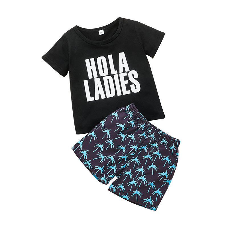Children's black letter T-shirt and shorts summer set for boys.