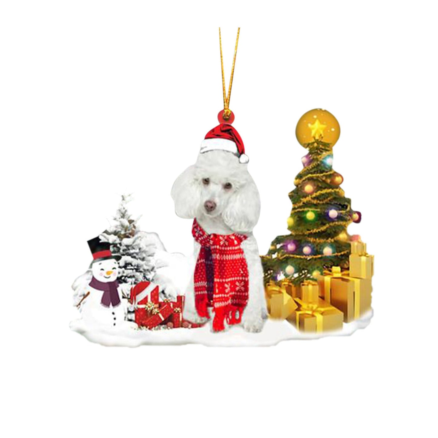 Christmas puppy decoration with lights and gifts, white and red PVC material, festive ornament.