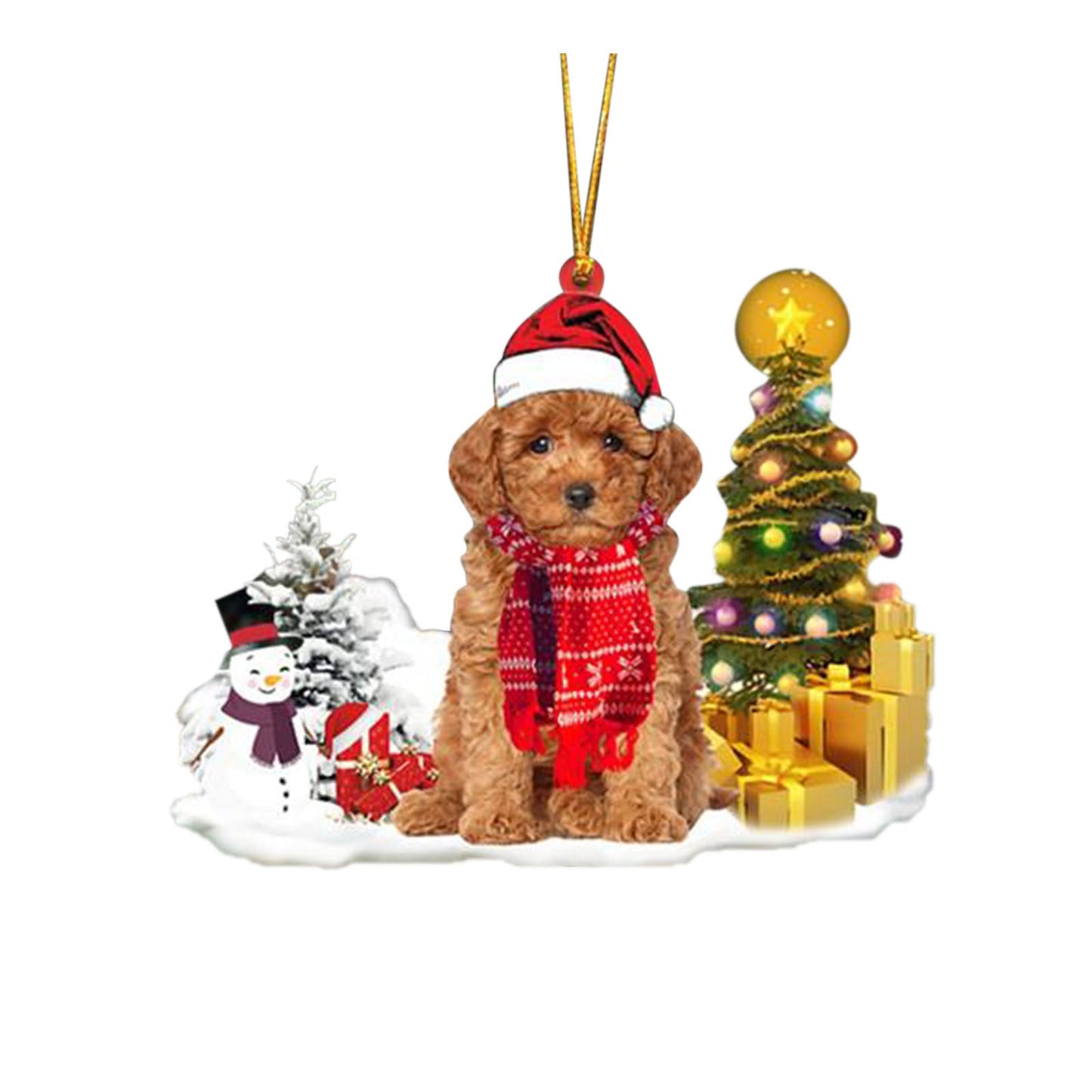 Christmas puppy ornament with trees and lights, 8x7cm, PVC material, white and red.