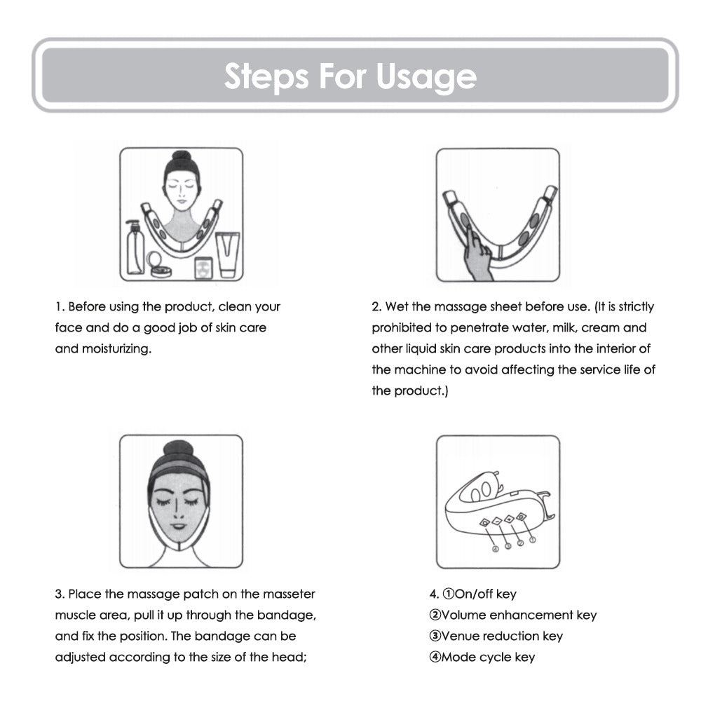 Steps for using micro-current facial massager with illustrations.