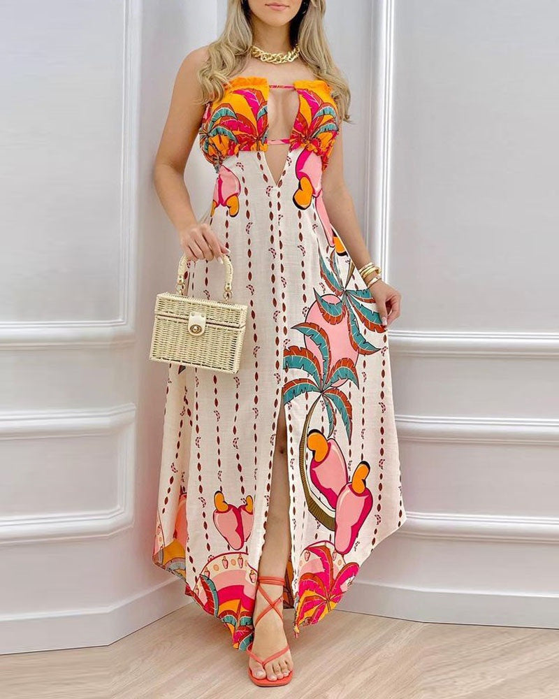 Orange mature style cotton blend women's dress with a tropical pattern, available in sizes S to 3XL.