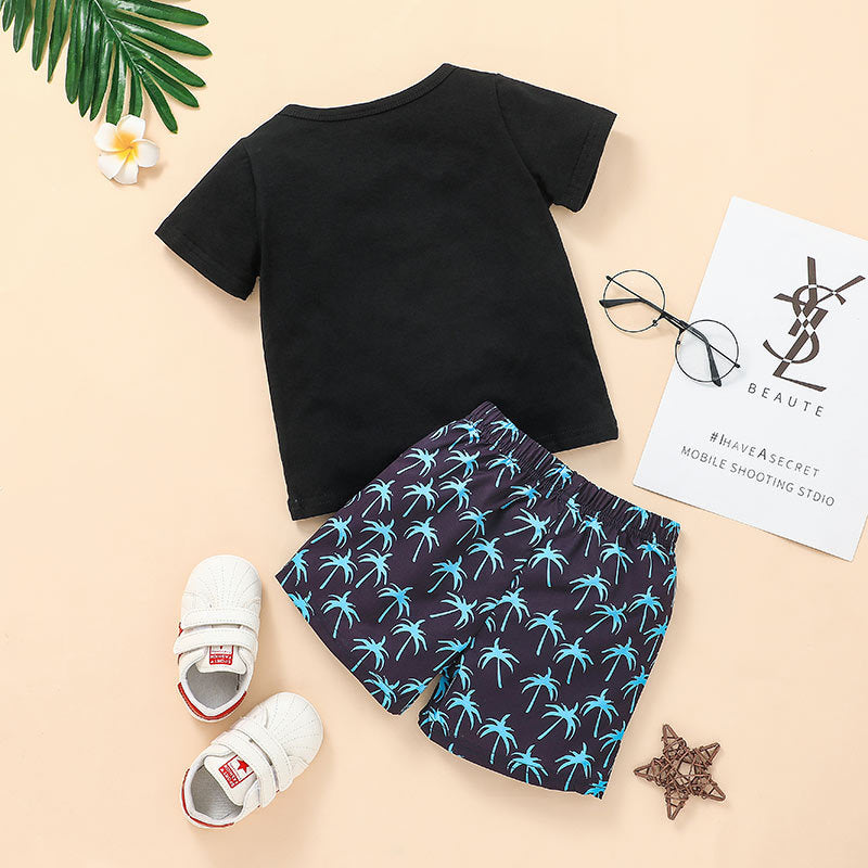 Kids' summer clothing set, black letter T-shirt with shorts, polyester fabric, suitable for boys, Korean style.