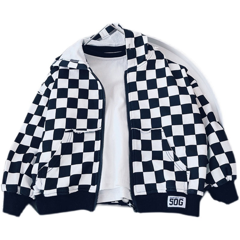 Children's plaid hooded coat, black and white, cotton, Korean style.