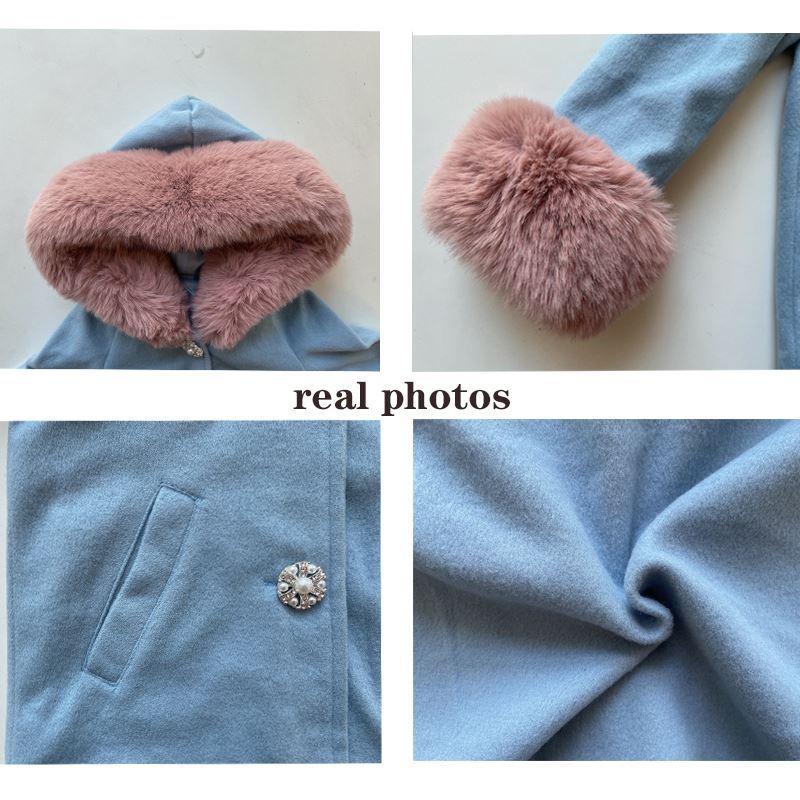 Kids' woolen overcoat in blue with pink fur trim, cashmere fabric, winter wear.