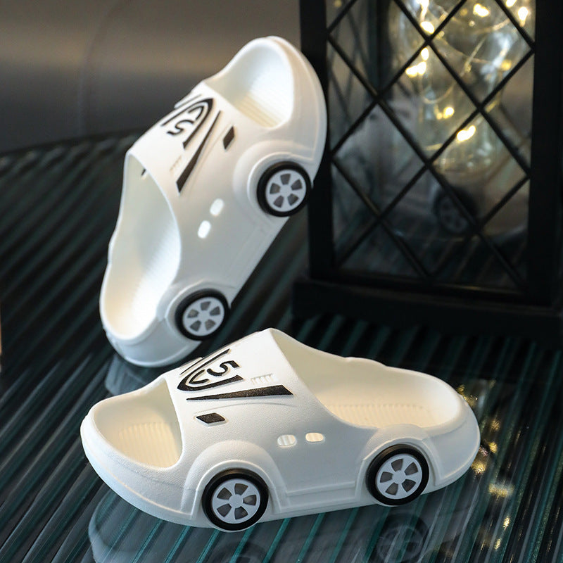 Cartoon kid baby slippers, white color, car design, neutral gender, PVC material.