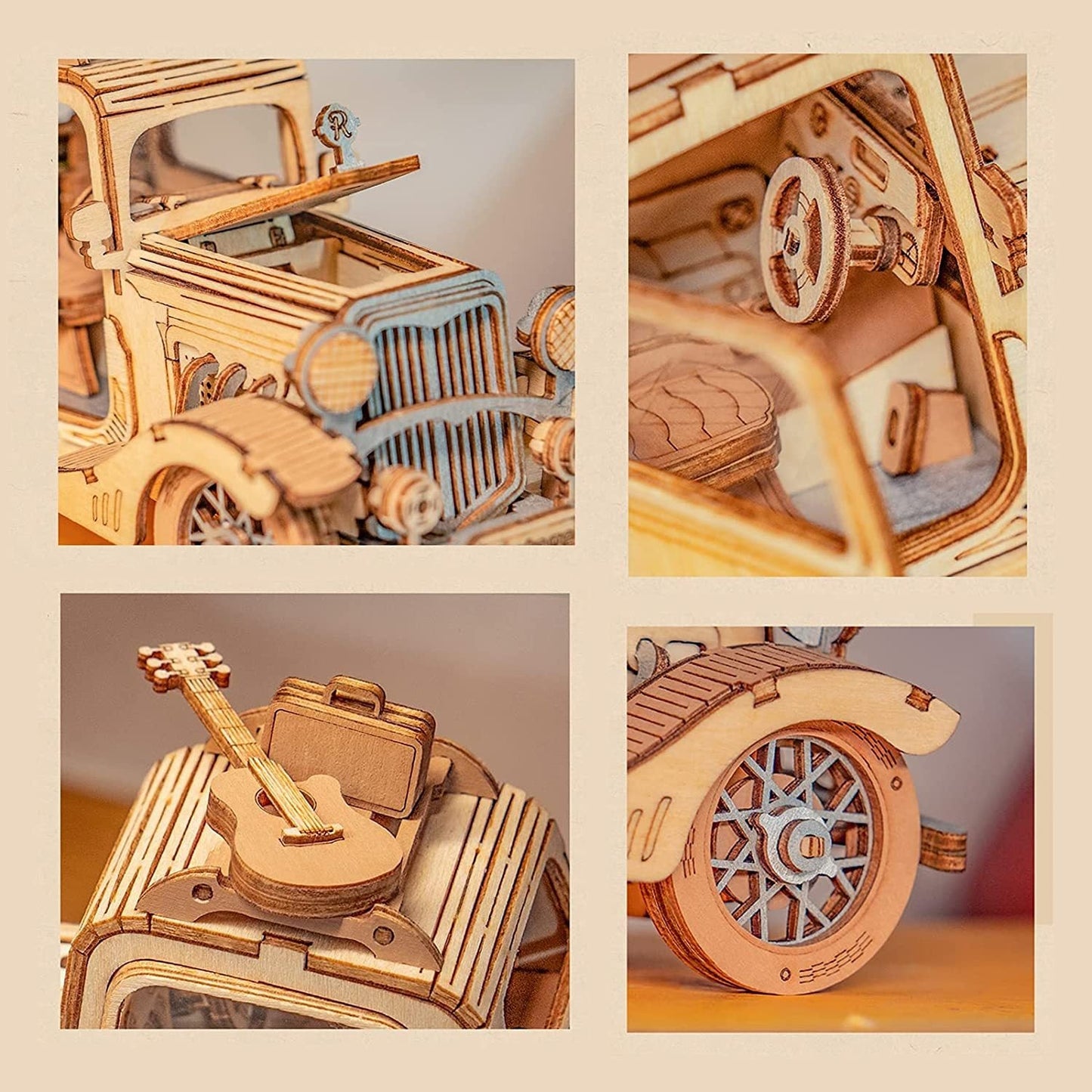 3D wooden puzzle vintage car model with interior and accessory details for children.