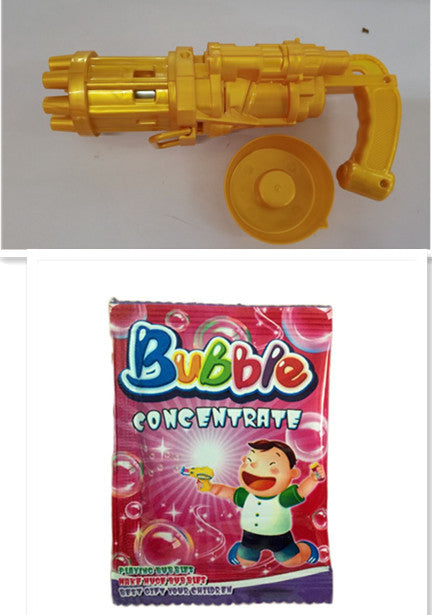 Kids toy bubble gun with yellow design, includes bubble concentrate for play.