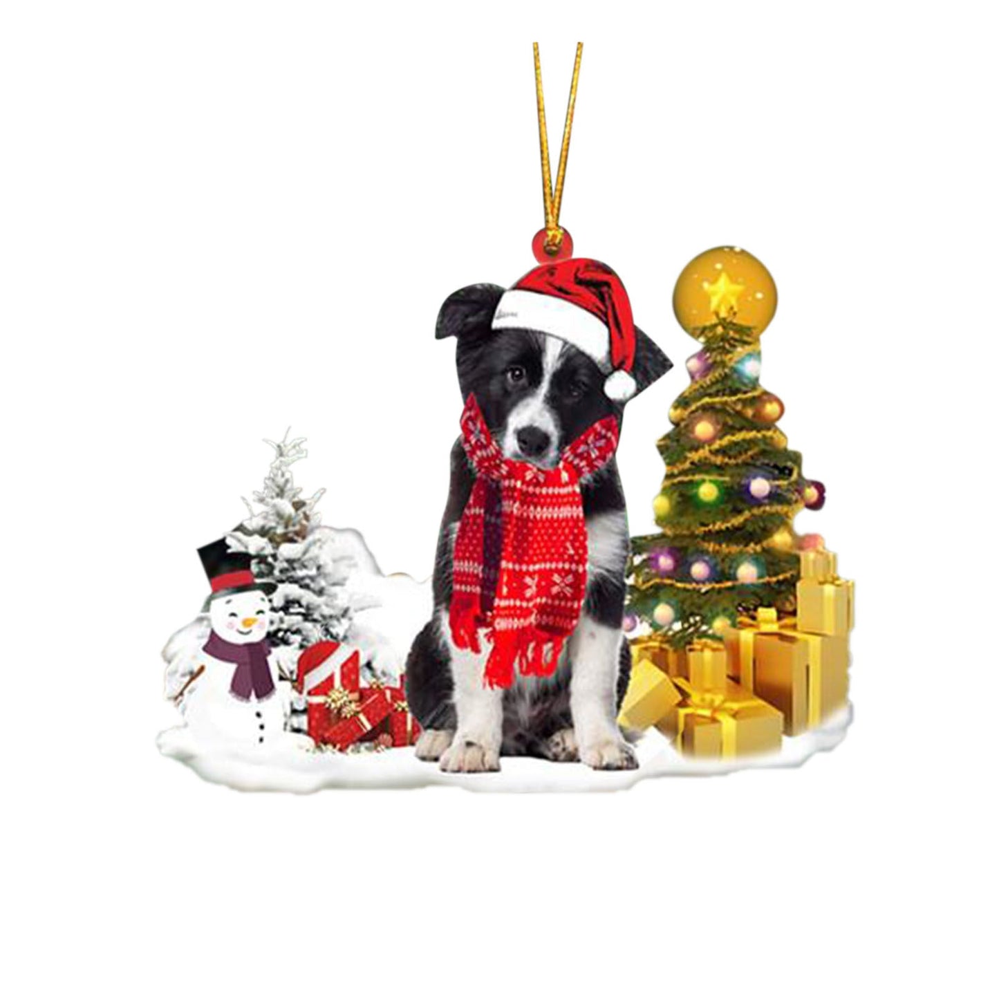Christmas puppy decoration with lights and tree, PVC material, 8x7cm, white and red.