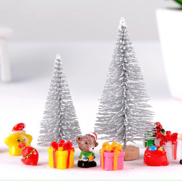 Festive miniature Christmas trees with colorful meaty ornaments and gifts, available in multiple sizes.