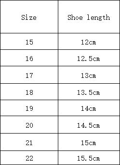 Size chart for infant mesh sandals, shoe lengths from 12cm to 15.5cm.