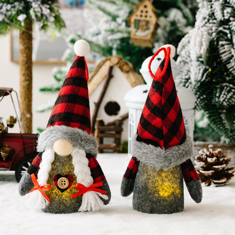 Christmas faceless dolls with red and black plaid hats, polyester ornaments with lights.
