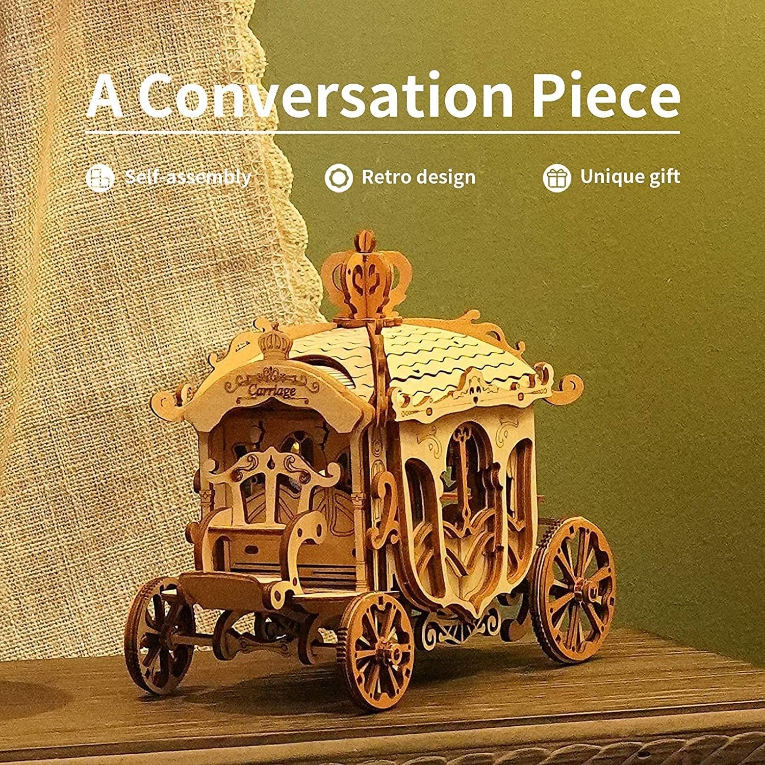 3D wooden puzzle vintage car model toy on wooden surface with retro design.