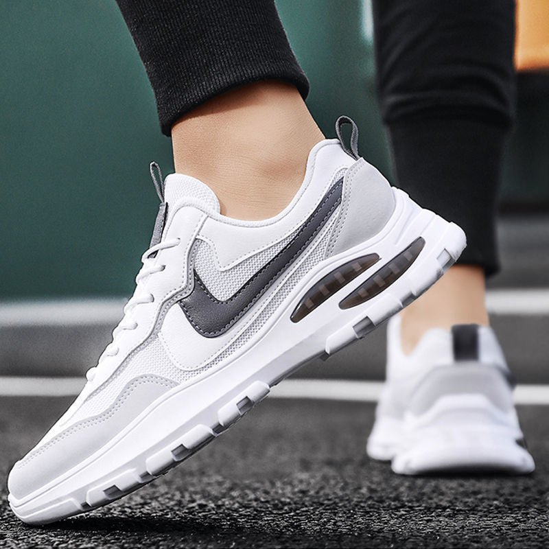 Men's black and white lace-up sneakers with air cushion for running and walking.