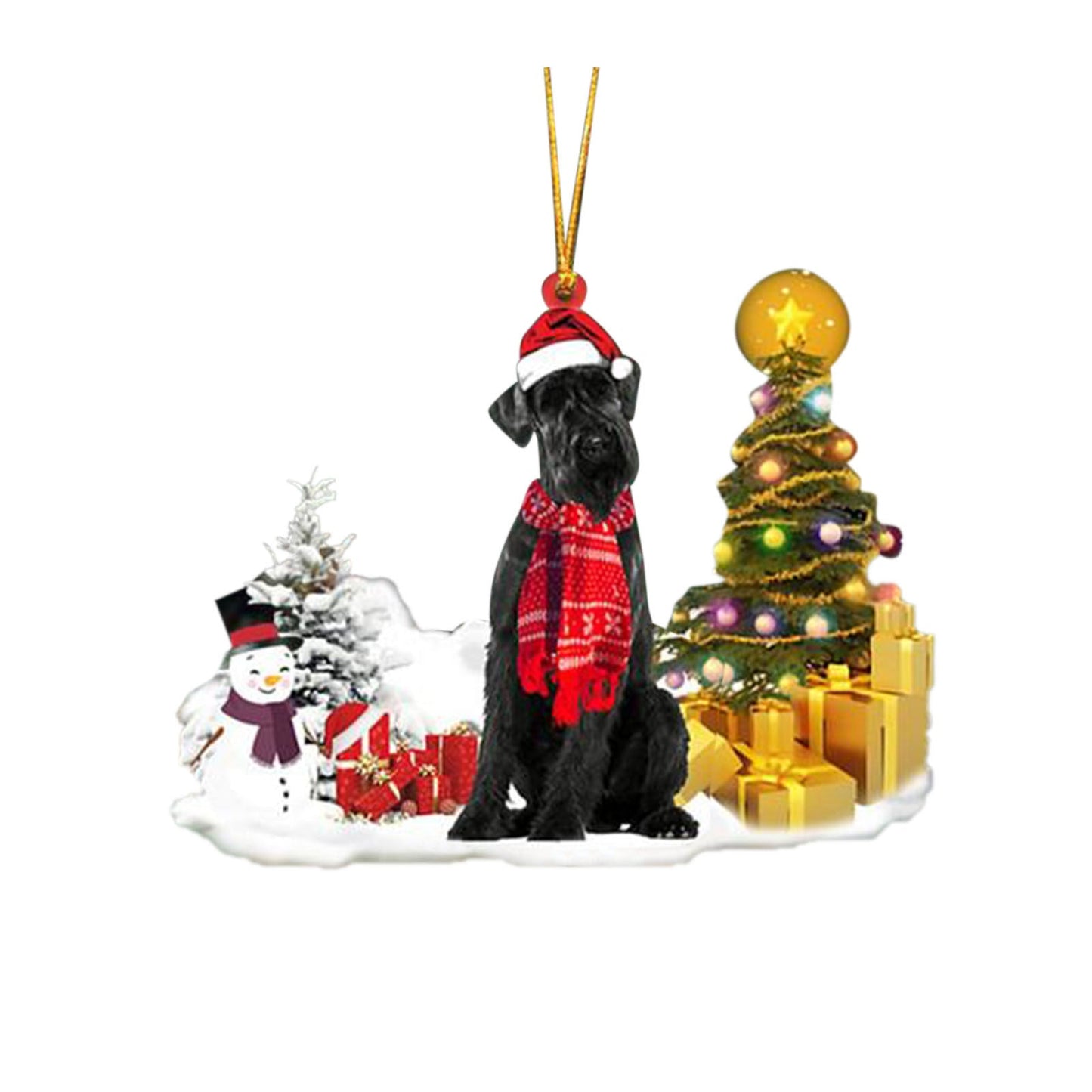 Christmas puppy decoration with Santa hat, snowy scene, and decorated tree.