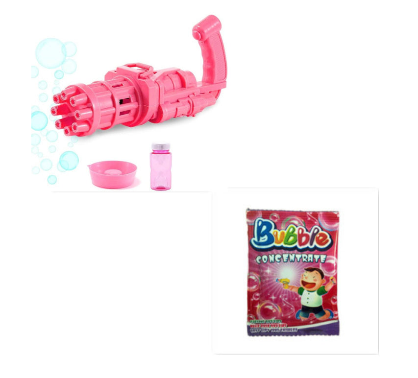 Pink bubble gun toy for kids with bubble solution and concentrate pack.