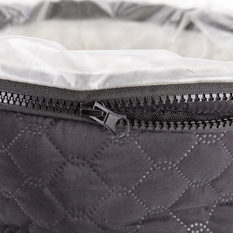 Black two-speed tempering home heating hair cap close-up with zipper.