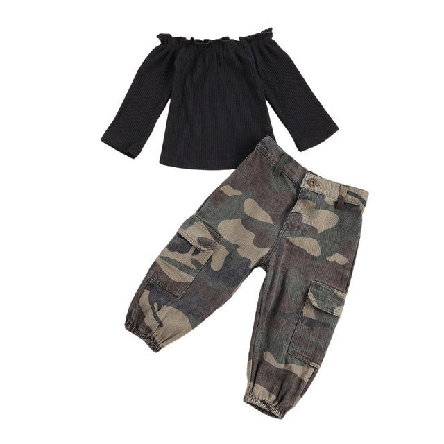Girls' black boat neck top with camouflage print trousers, kids spring clothing set.