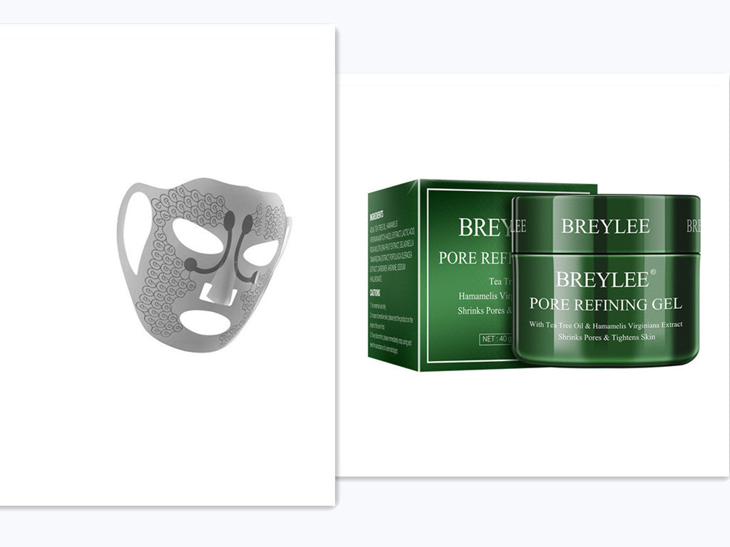 Electric facial massage mask and Breylee pore refining gel packaging.