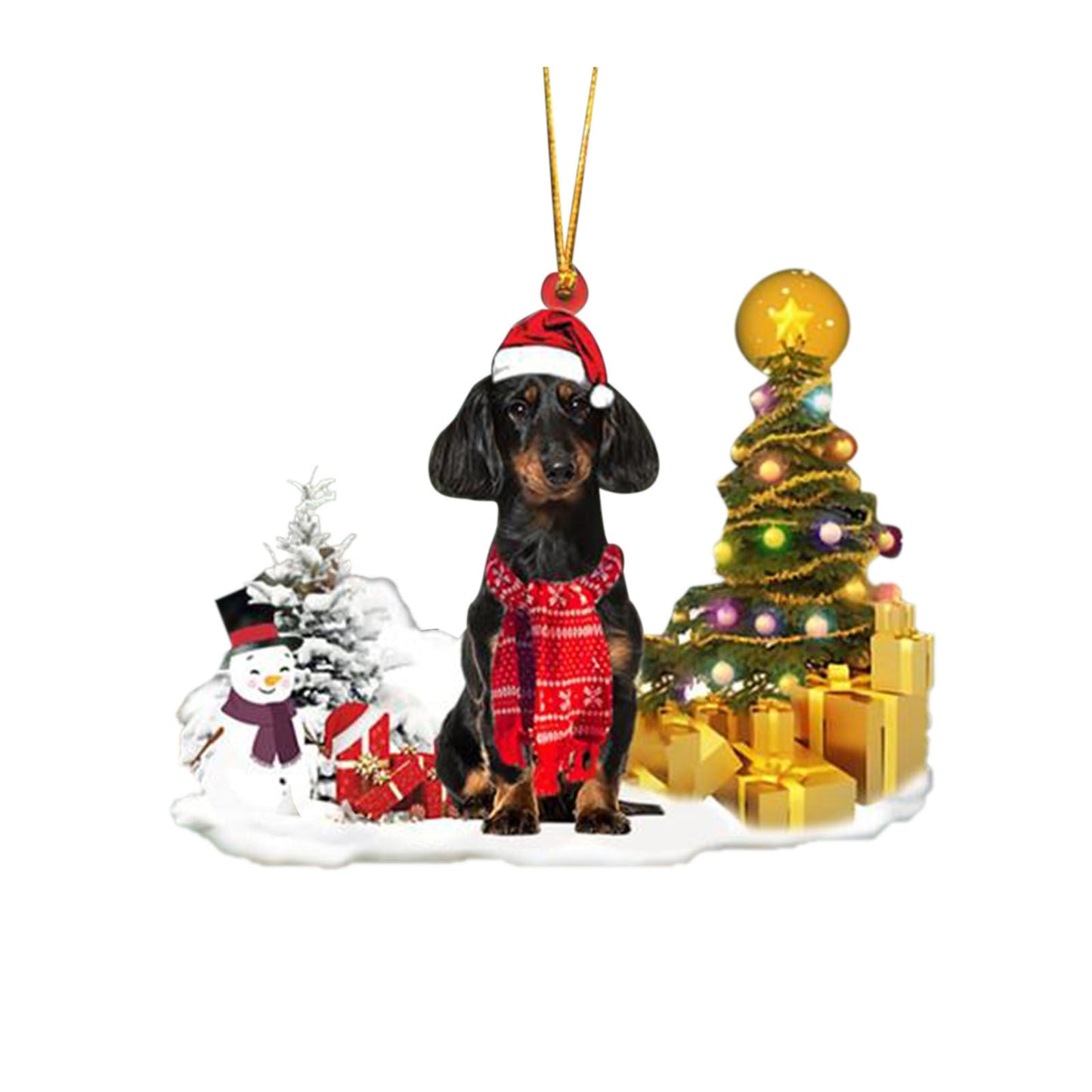 Christmas puppy decoration with tree and lights, snowman, presents; white and red colors.
