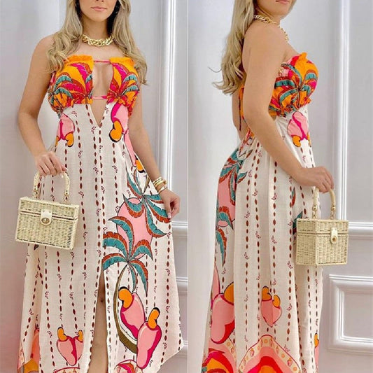 Orange and pink mature style dress with colorful patterns, cotton blend material.