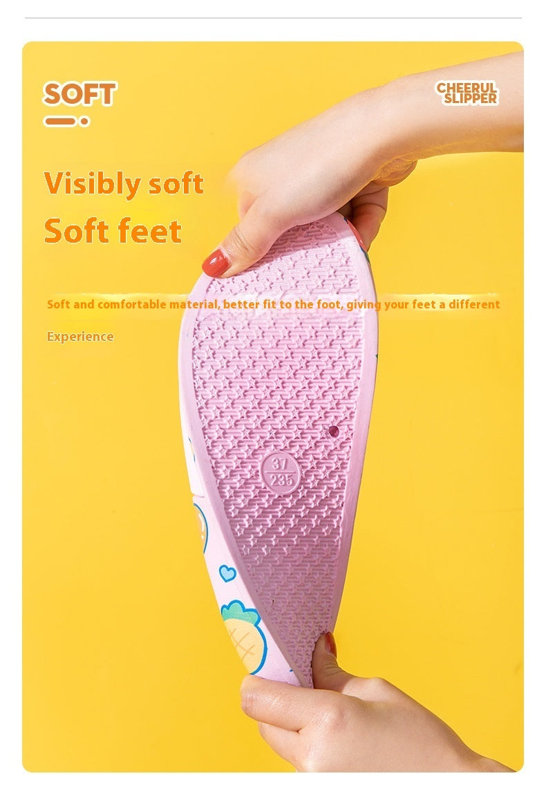 Strawberry-themed children's slippers with soft, non-slip PVC sole, shown in pink color.