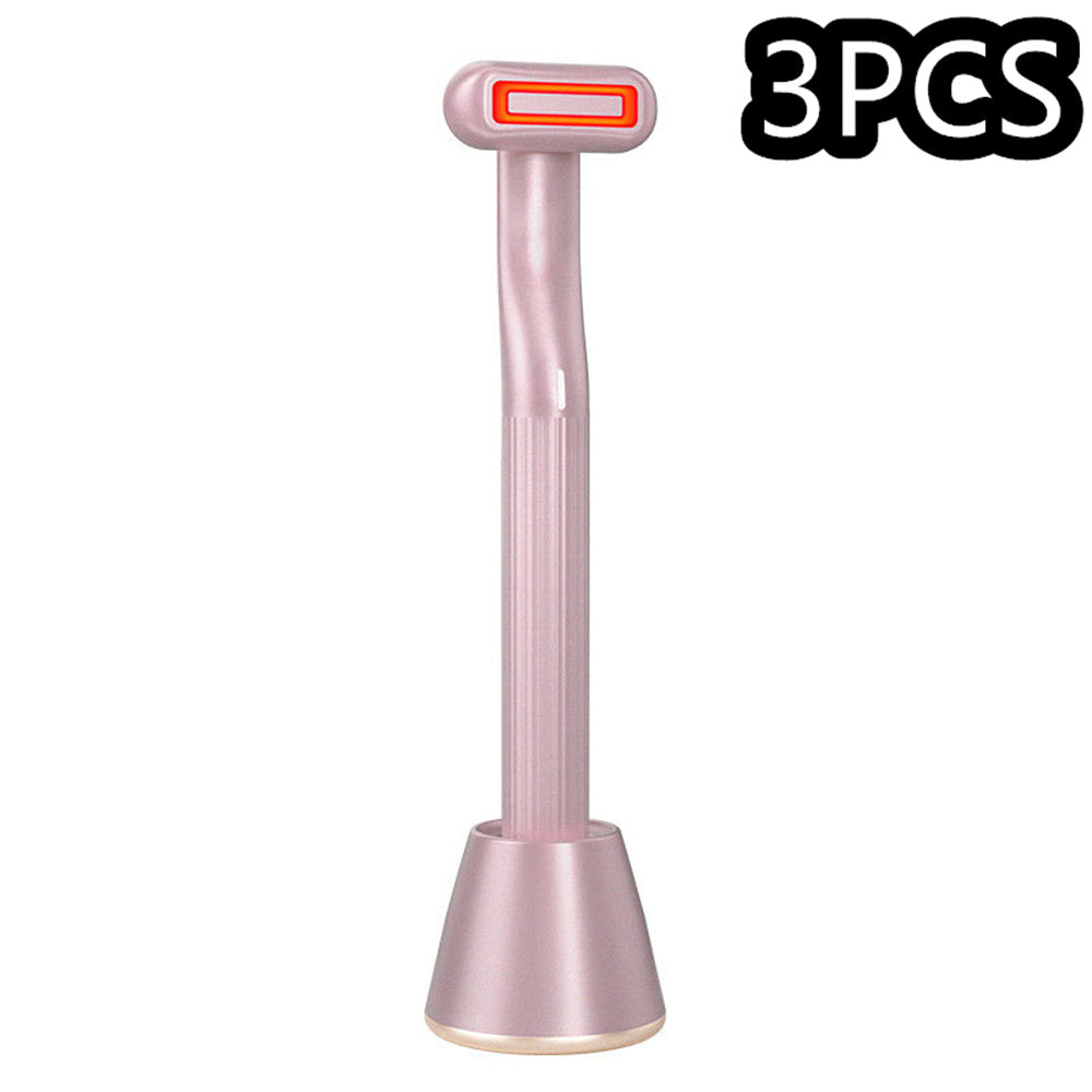 360 rotary eye massage tool with red LED light and microcurrent therapy in pink.