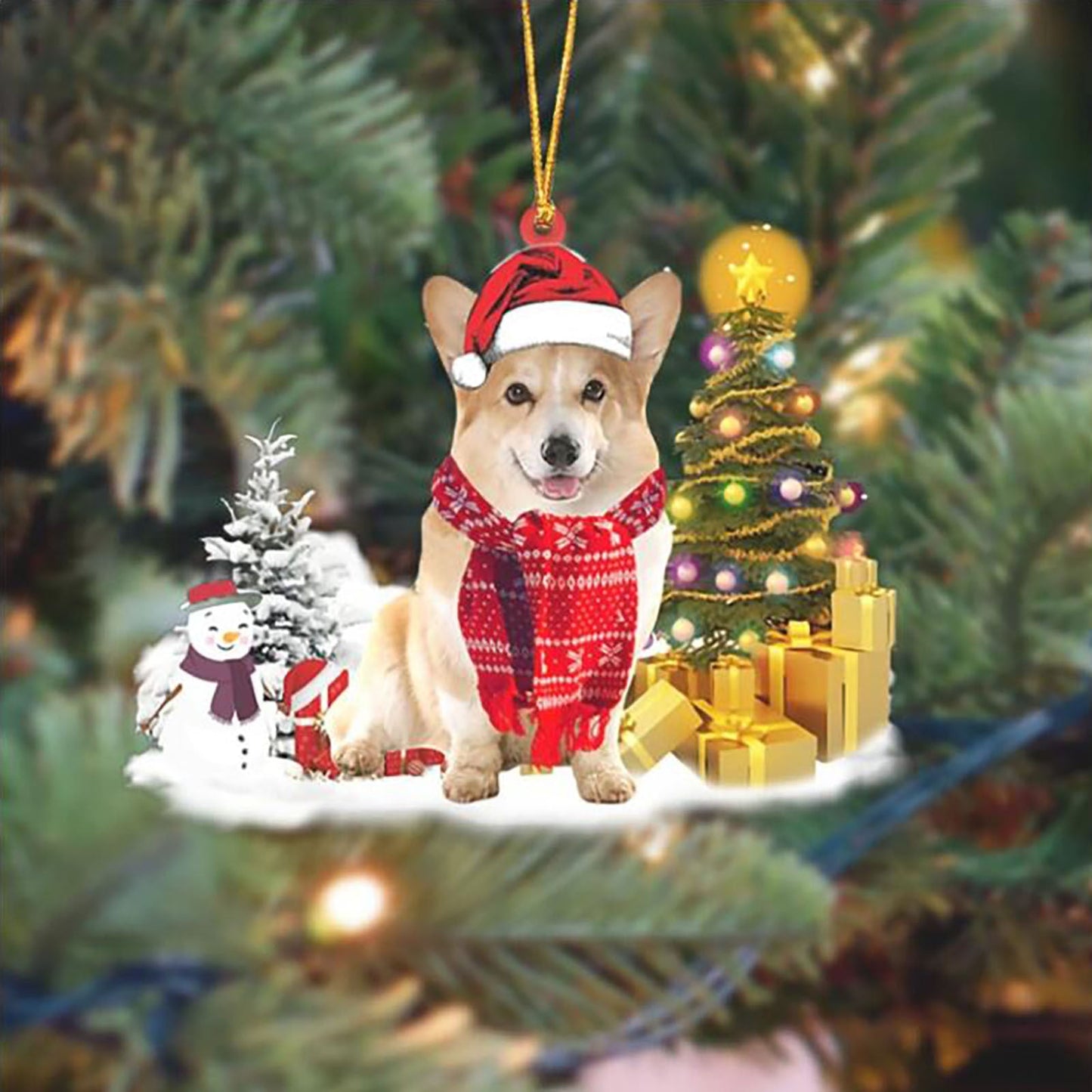 Christmas puppy ornament with Santa hat and scarf on decorated tree.
