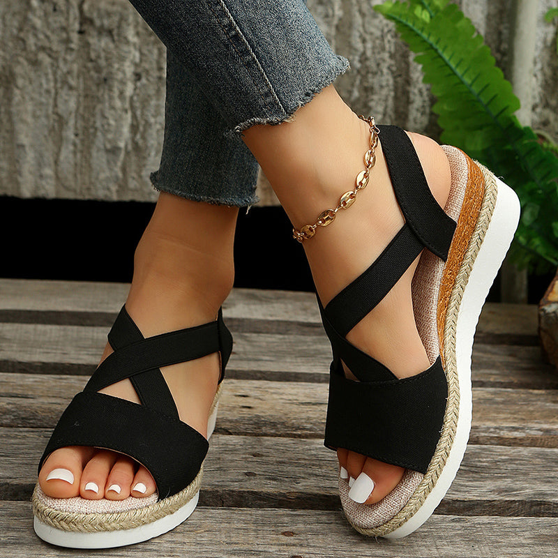 women cross-strap platform gladiator hemp heel shoes