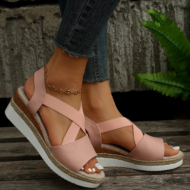 women cross-strap platform gladiator hemp heel shoes