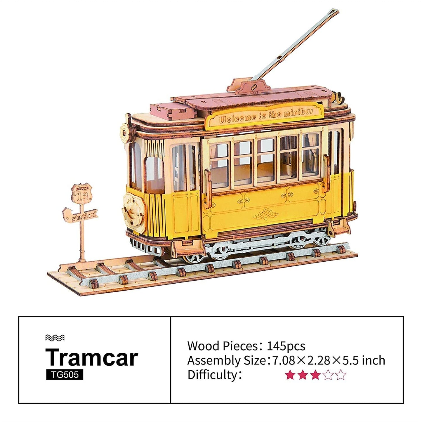 3D wooden tramcar model puzzle with 145 pieces, assembly size 7.08 x 2.28 x 5.5 inches.