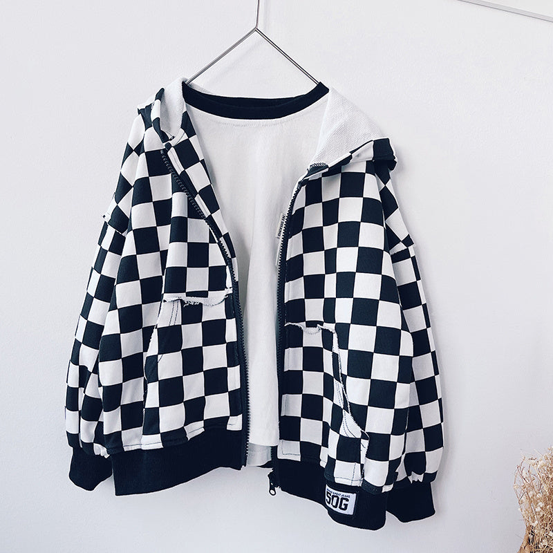 Children's plaid hooded jacket, black and white checkered pattern, cotton material, Korean style.