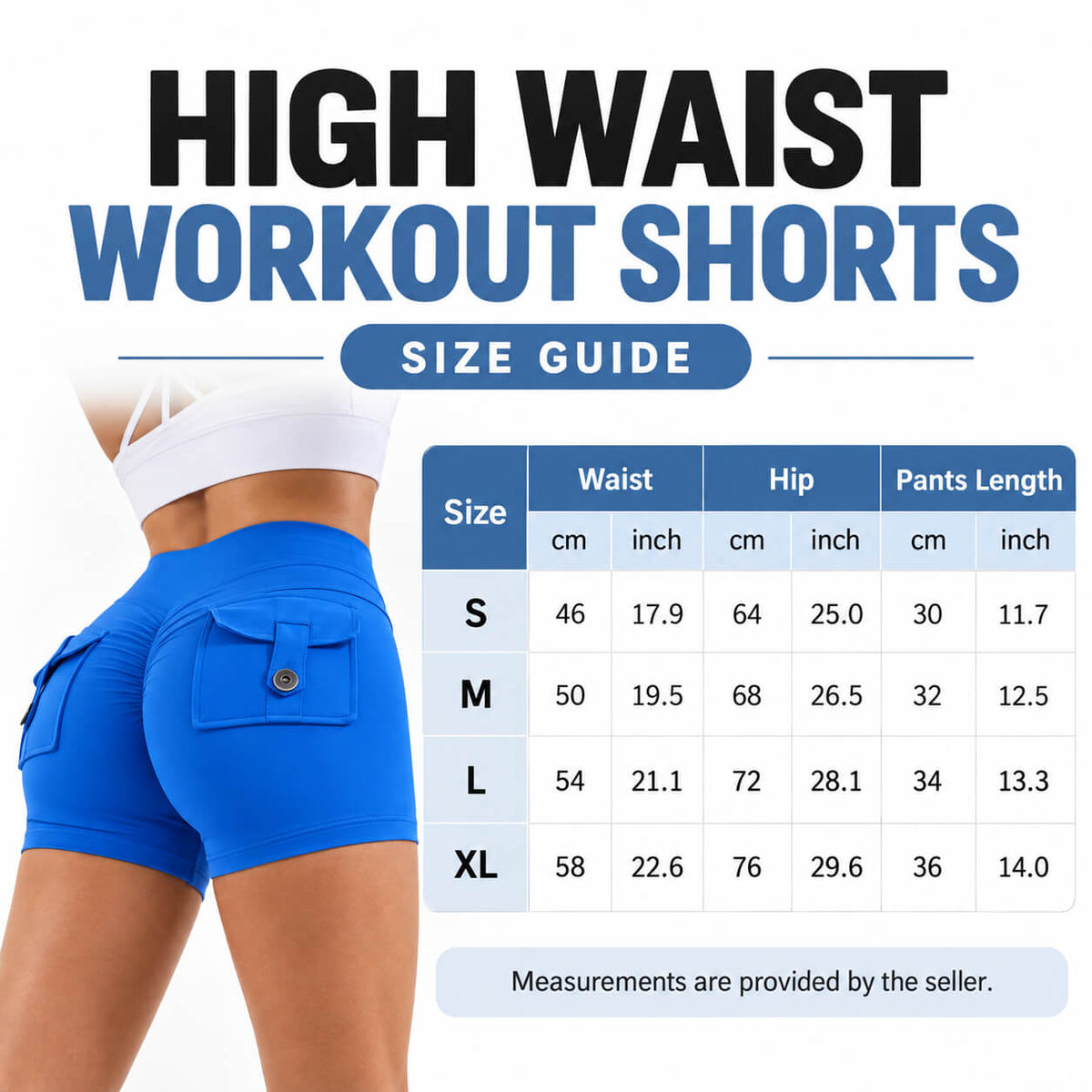 High Waist Workout Shorts size guide with waist, hip and length measurements