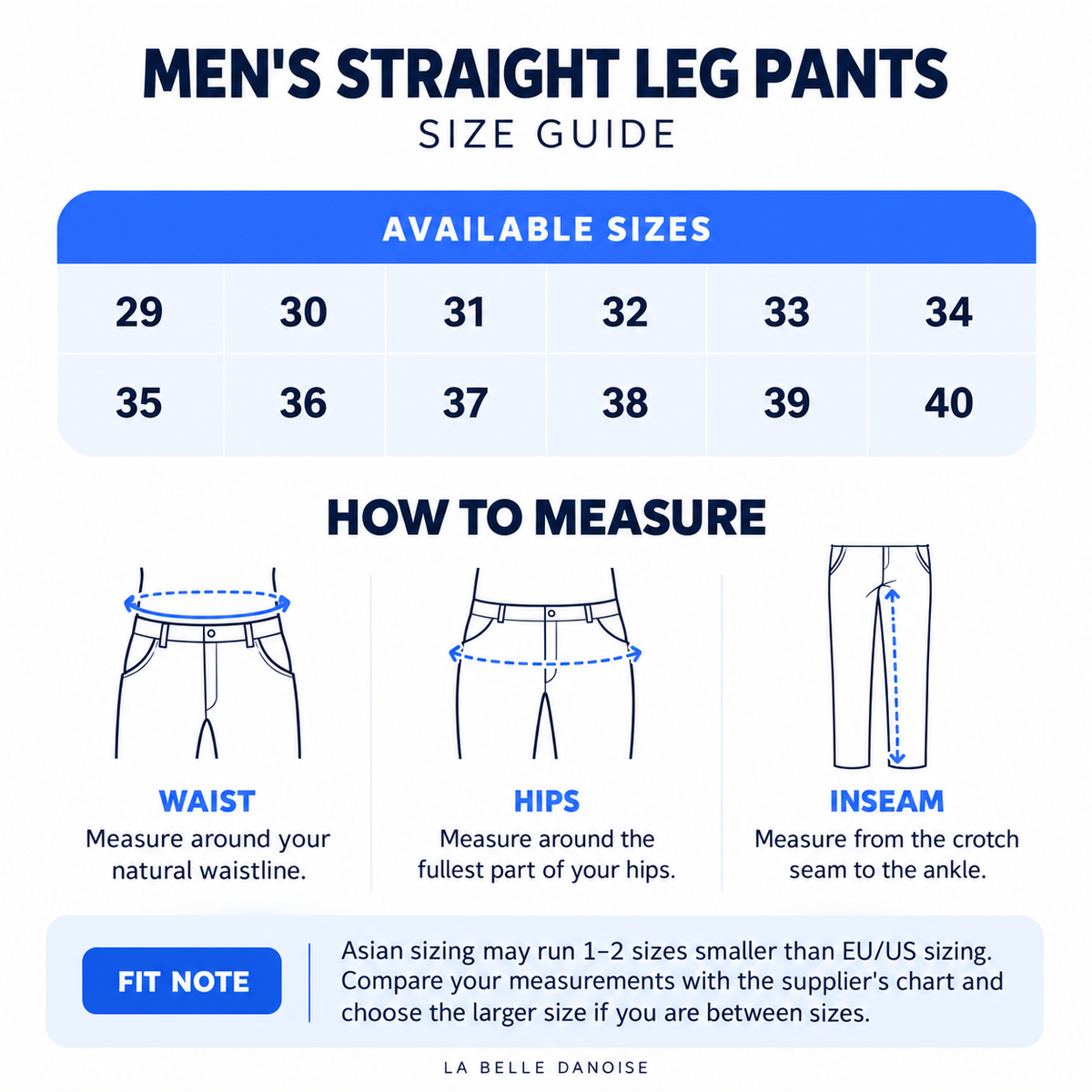 Mens Straight Leg Pants size guide with waist hips and inseam measurement instructions