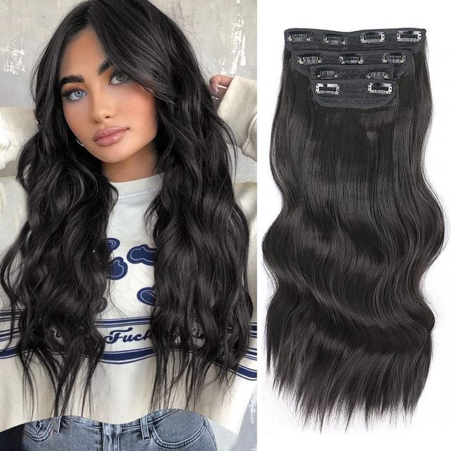 Water Ripple Clip In Hair Extensions four-piece set with model