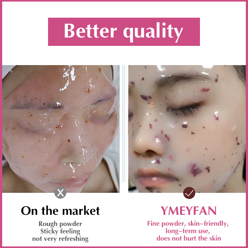 YMEYFAN Hydrojelly Mask Powder comparison showing market alternative vs. YMEYFAN's fine, skin-friendly formula.