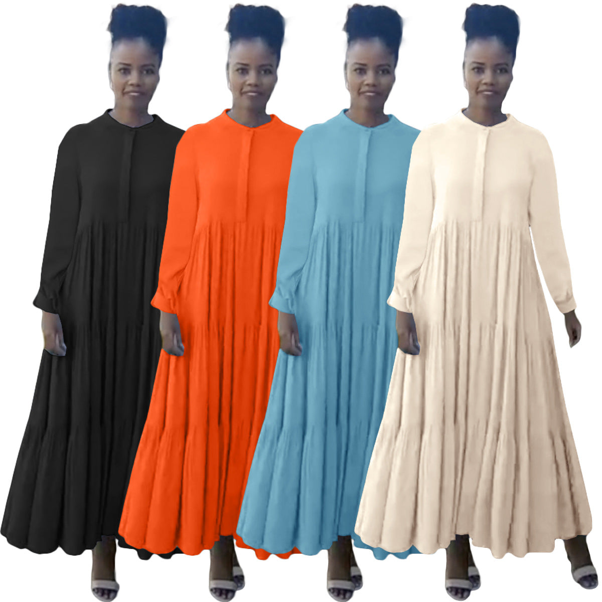 Autumn 2023 women's loose-fit short sleeve casual dress in black, orange, teal, and cream colors.