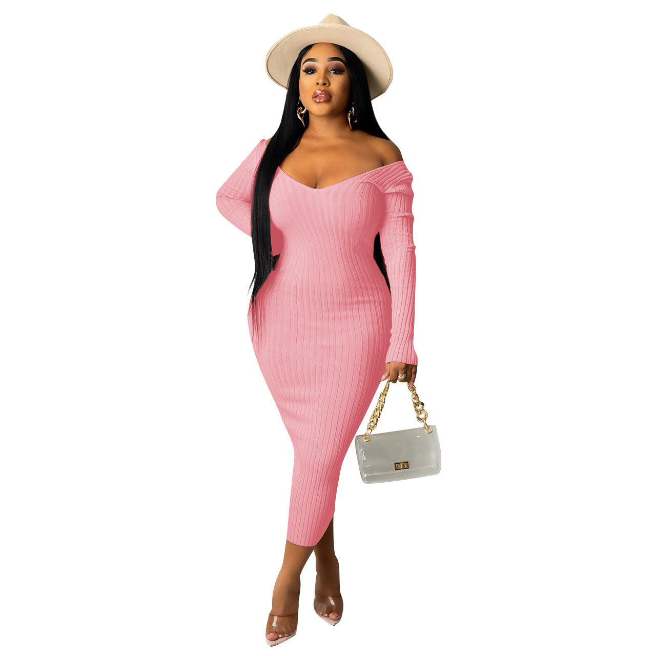 Women's Summer Dress 2022 in pink with elegant design, featuring off-shoulder style and knee-length fit.