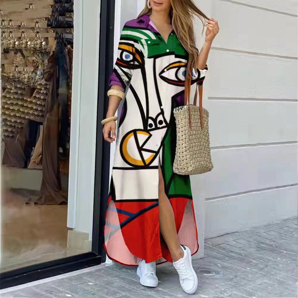 Boho floral long sleeve printed shirt dress for women in vibrant colors, ideal for fall and casual wear.