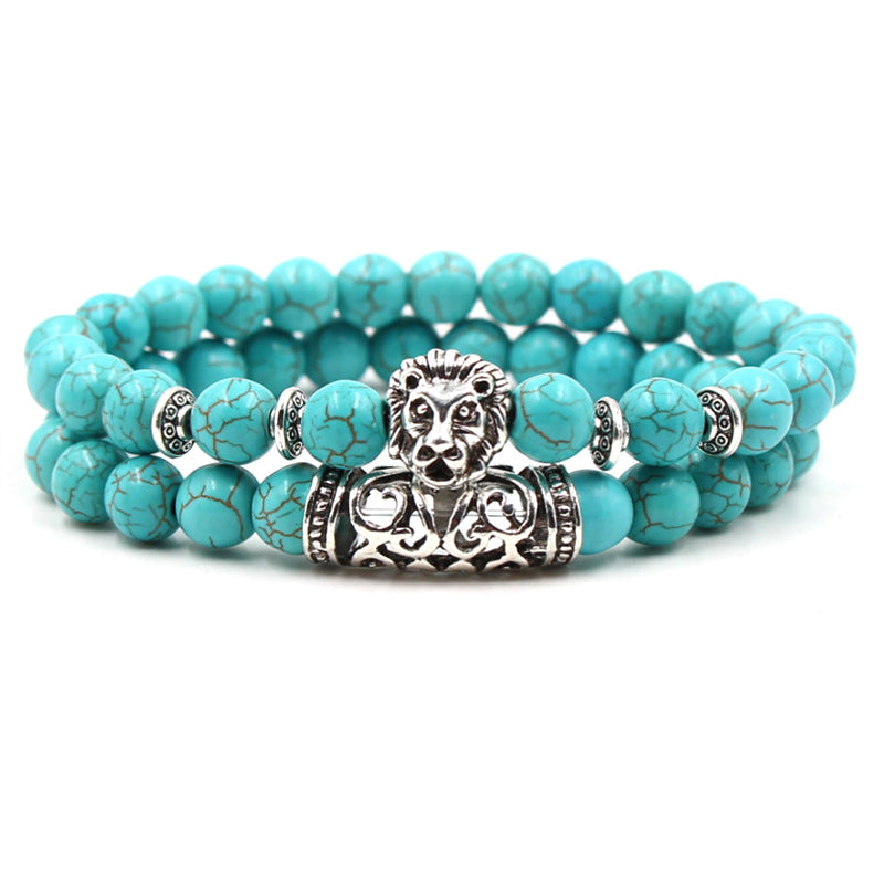 men Natural turquoise Stone Silver Lion owl Buddha Head bracelet jewelry sets
