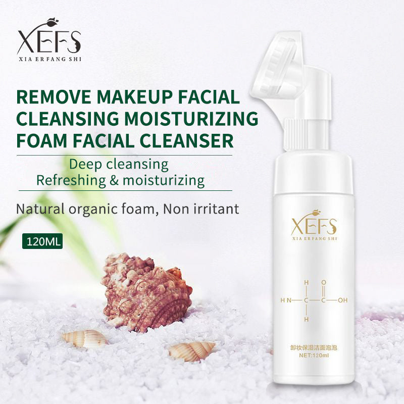 XEFS deep cleansing and moisturizing foam face wash with silicone brush, 120ml bottle.