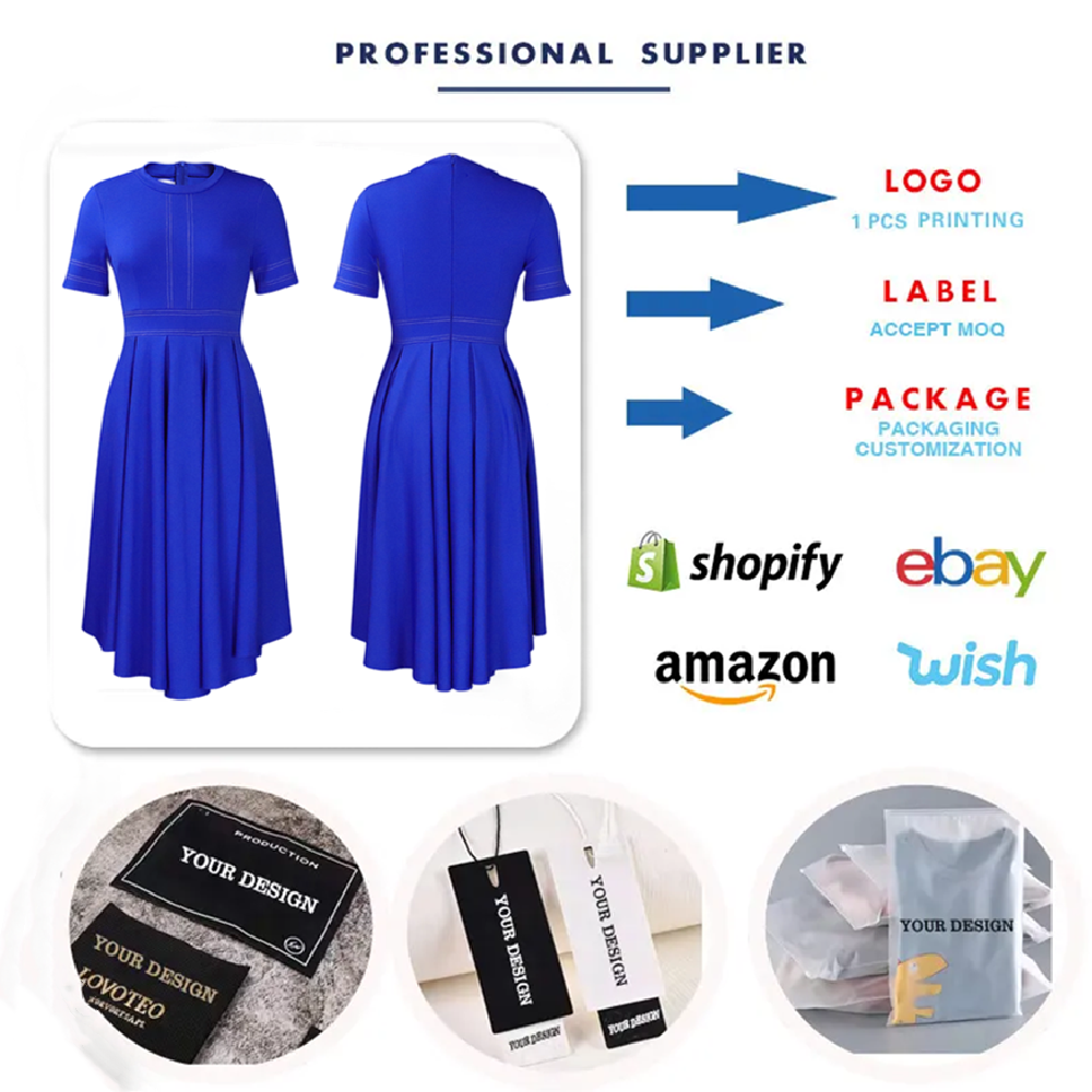 Elegant blue A-line short sleeve office dress for women, showcasing versatile customization options.