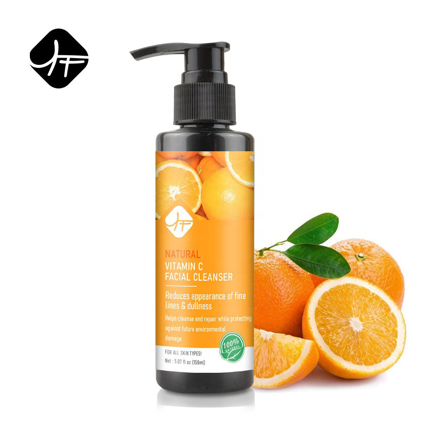 Natural face wash set with charcoal, kojic acid, and vitamin C cleanser, 150ml bottle, featuring orange oil.