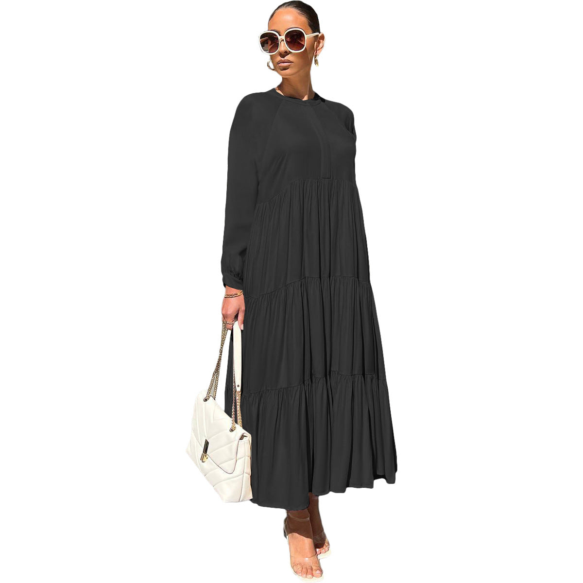 Autumn 2023 women's loose-fit short sleeve casual dress in black.
